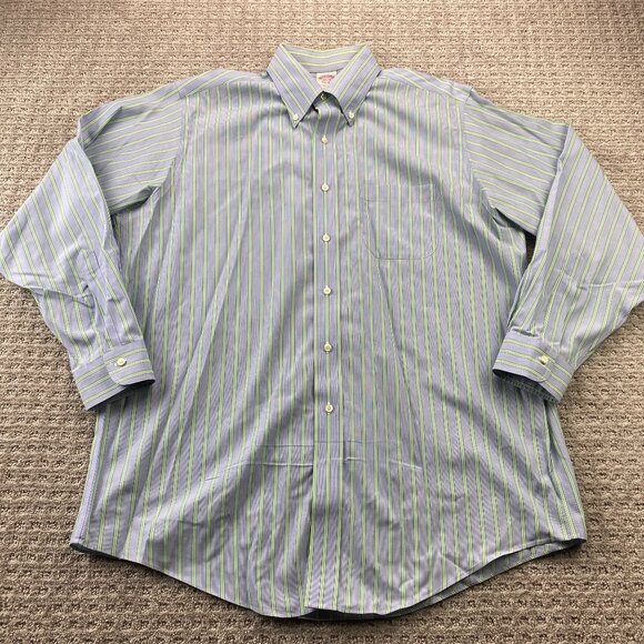 Brooks Brothers Formal Shirt Men 16.5 - 34 Gray Green Stripes Non-Iron Cotton - Picture 1 of 8